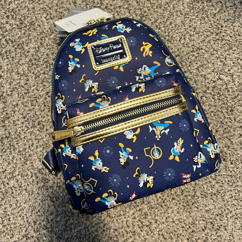 Loungefly Navy Blue & Gold Disney Parks 50th Mini Backpack new with tag - Picture 4 of 7